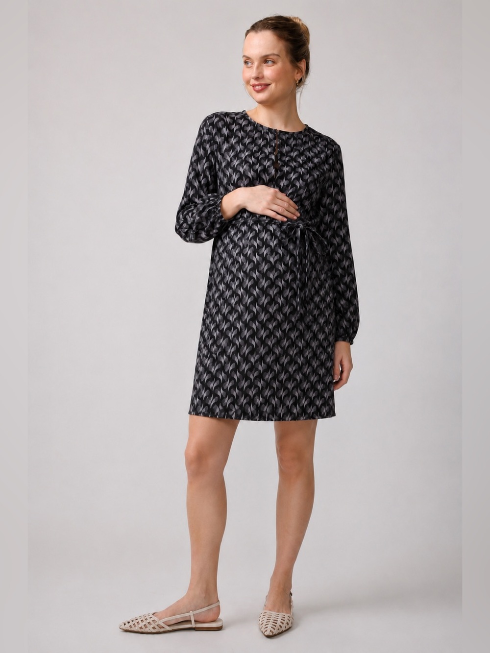 [L] RIPE Maternity Dress Soundwave Tunic Black White Large Long Sleeve Shift